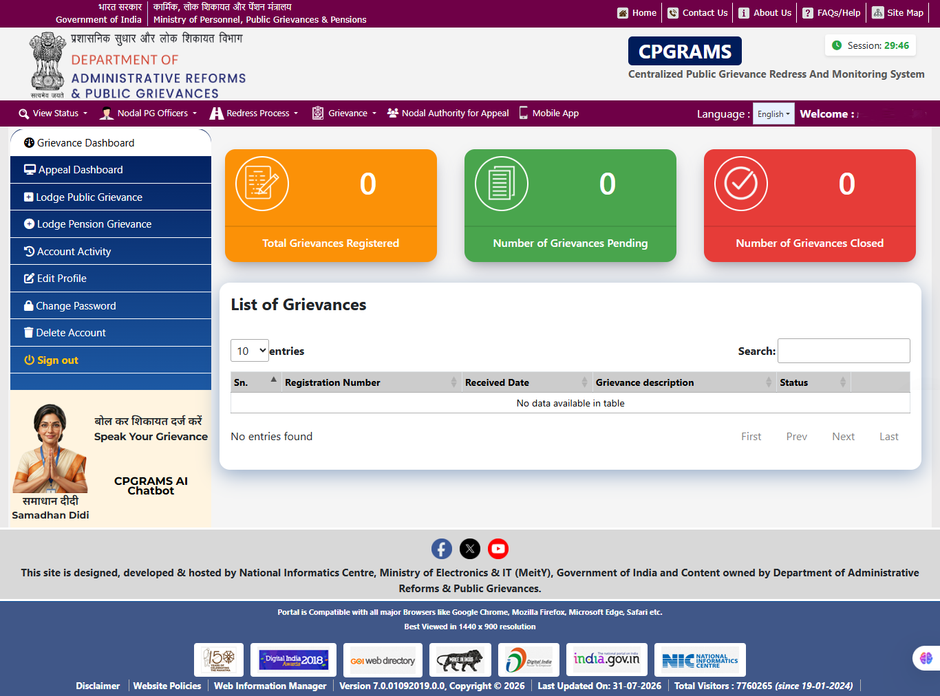 CPGRAMS dashboard with Lodge Public Grievance option